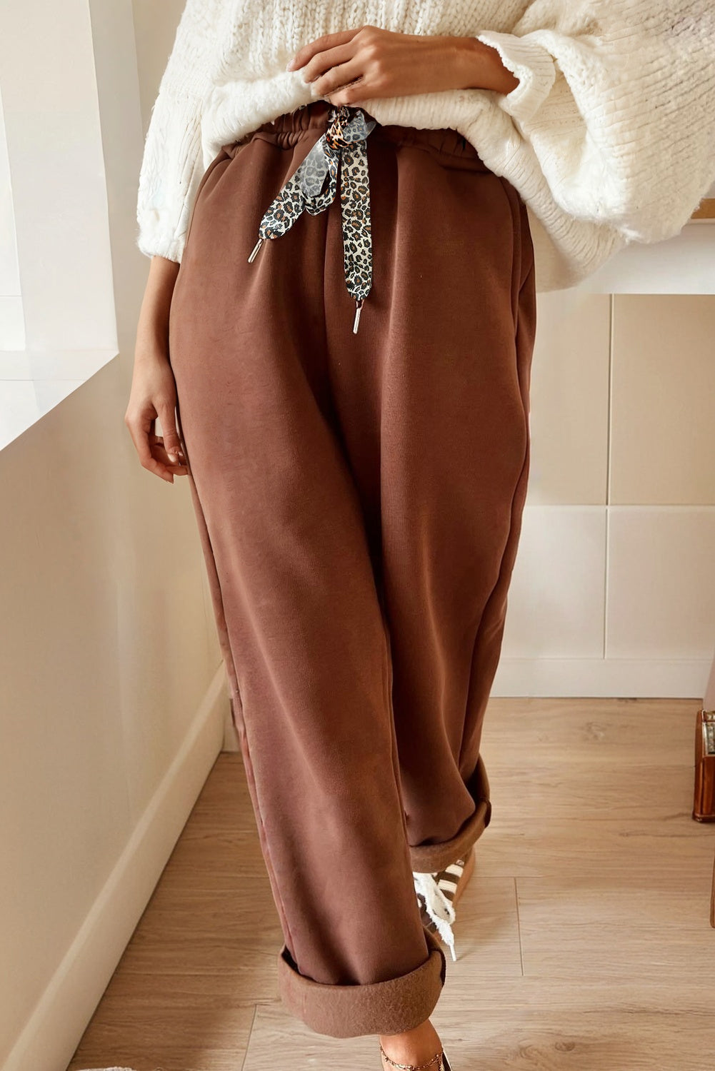 Coffee Fleece Lined Leopard Drawstring Pants  | Opulent Vibe