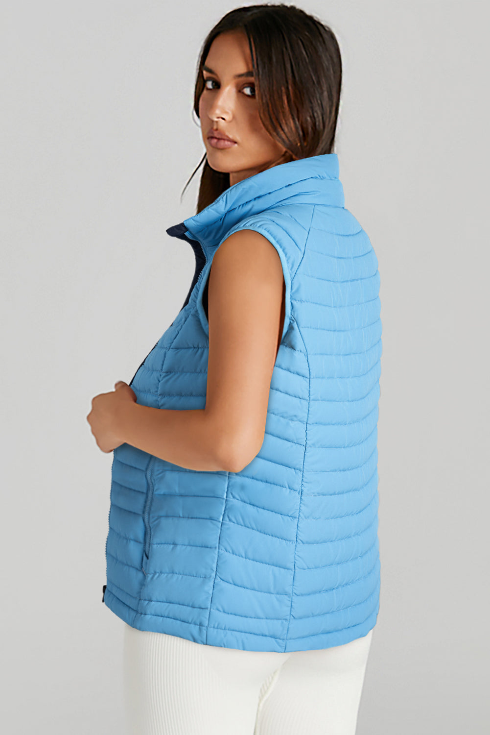 Sky Blue Plush Collared Quilted Zipped Puffer Vest | Opulent Vibe