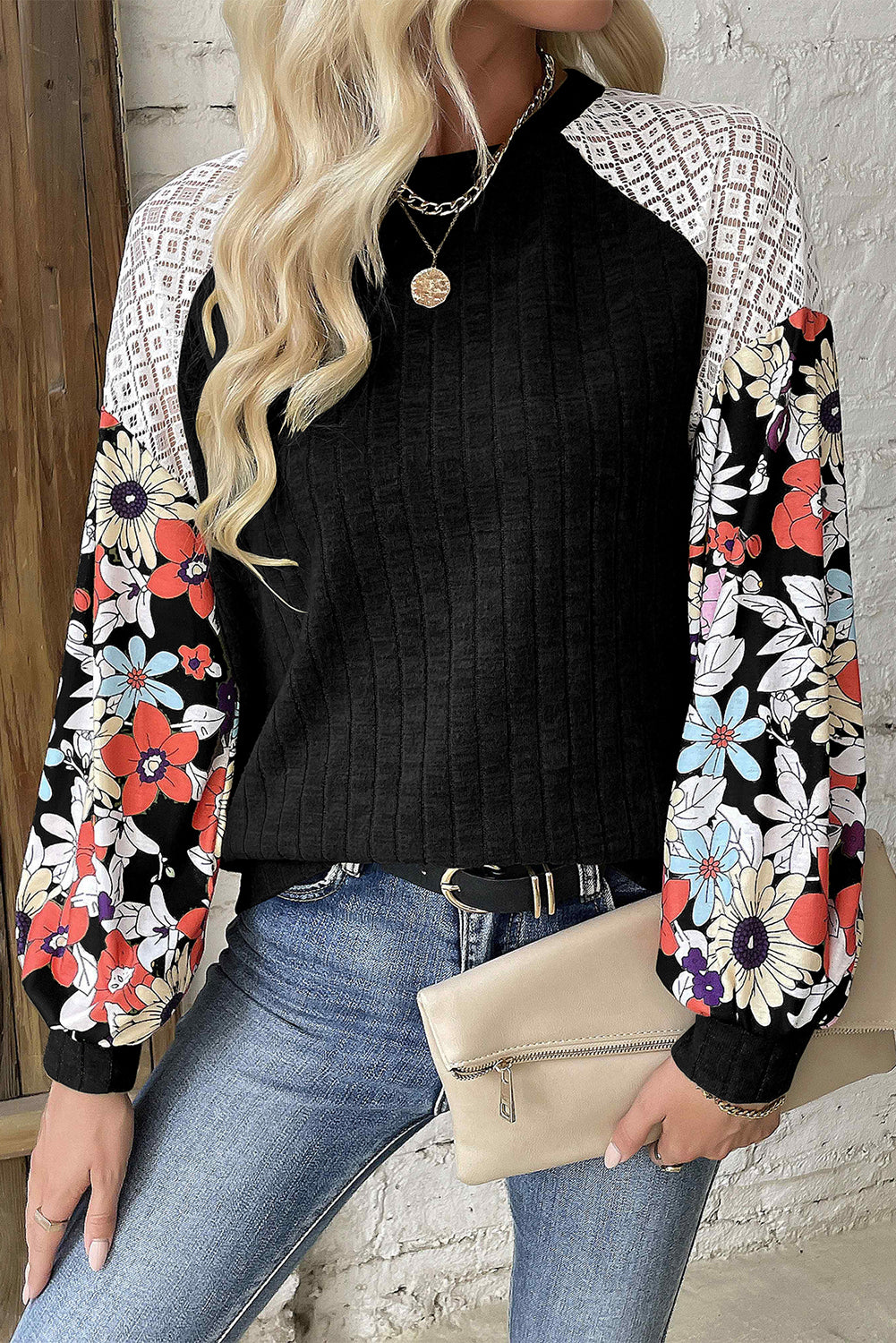 Black Floral Patchwork Long Sleeve Ribbed Blouse – Casual Chic Top | Opulent Vibe