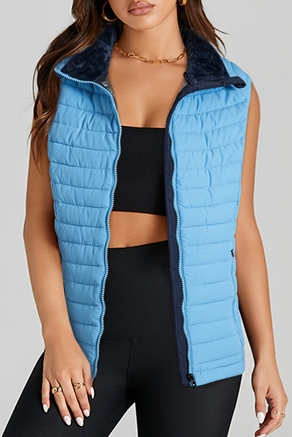 Sky Blue Plush Collared Quilted Zipped Puffer Vest | Opulent Vibe