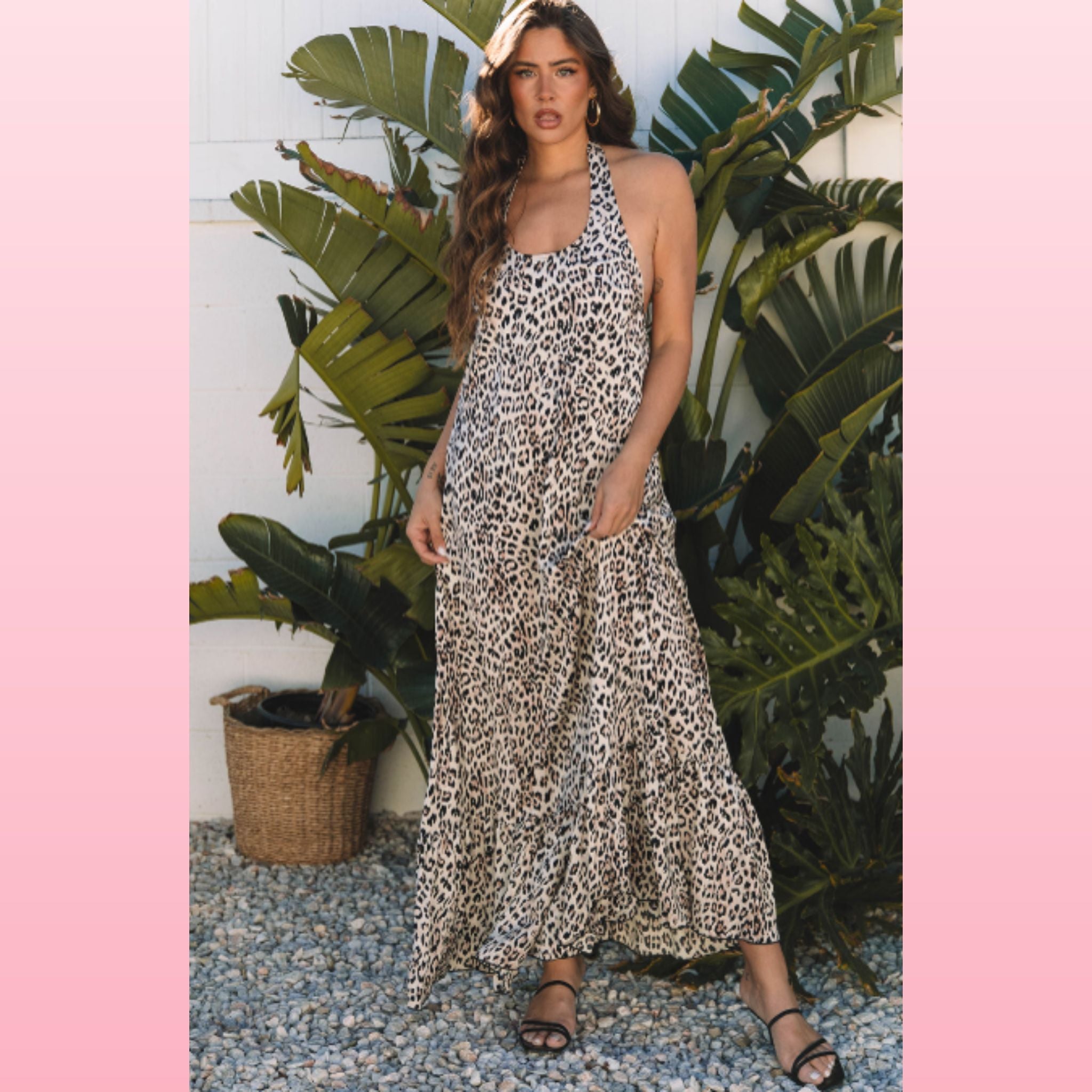 Leopard Print Halter Maxi Dress – Backless with Ruffled Hem | Opulent Vibe
