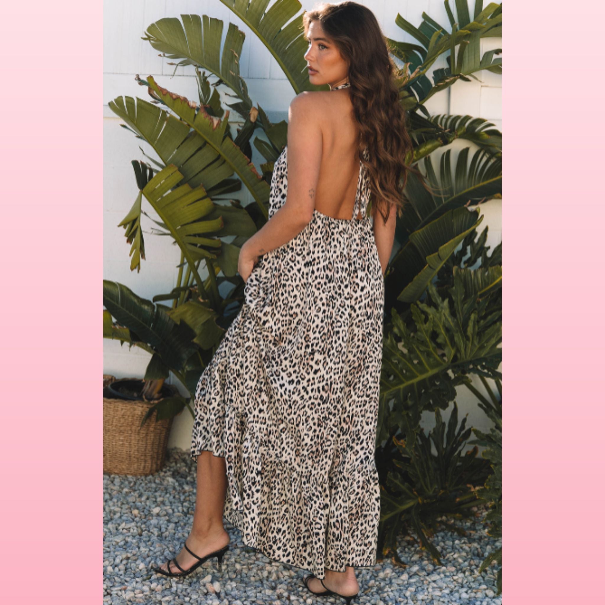 Leopard Print Halter Maxi Dress – Backless with Ruffled Hem | Opulent Vibe