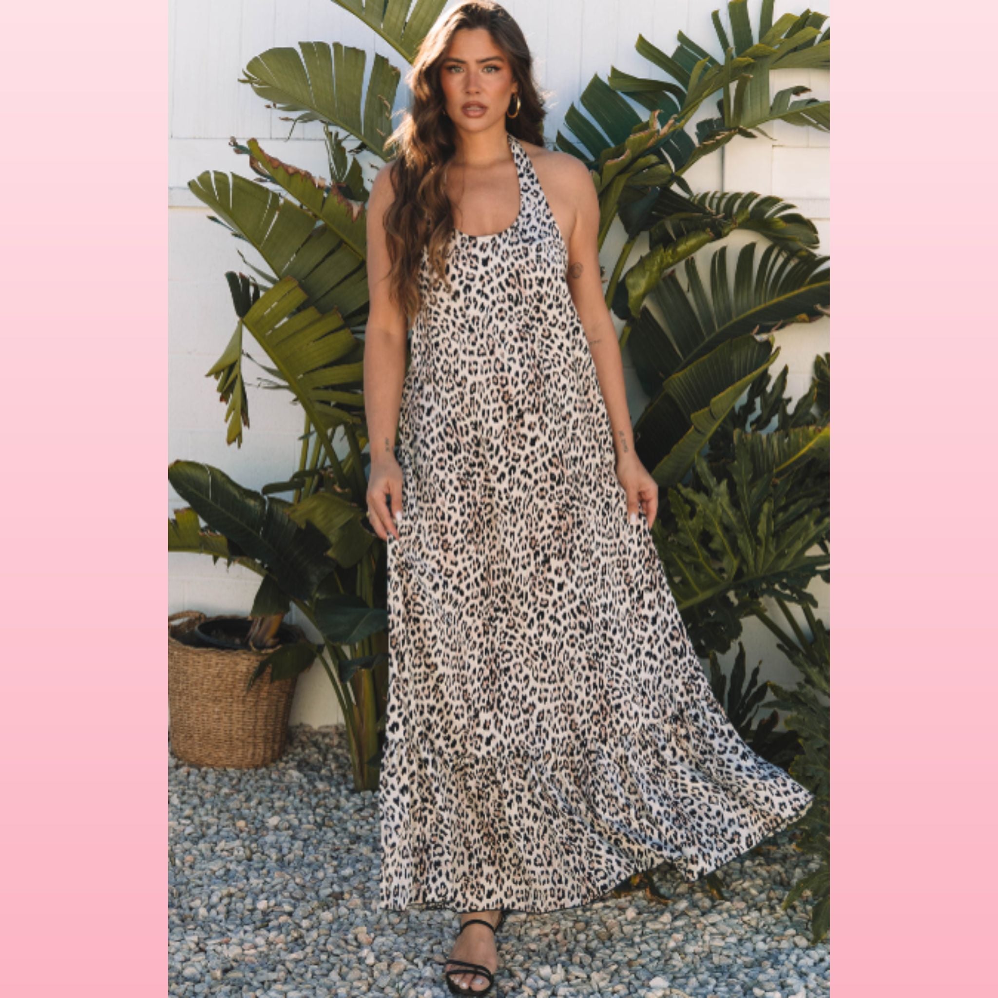 Leopard Print Halter Maxi Dress – Backless with Ruffled Hem | Opulent Vibe