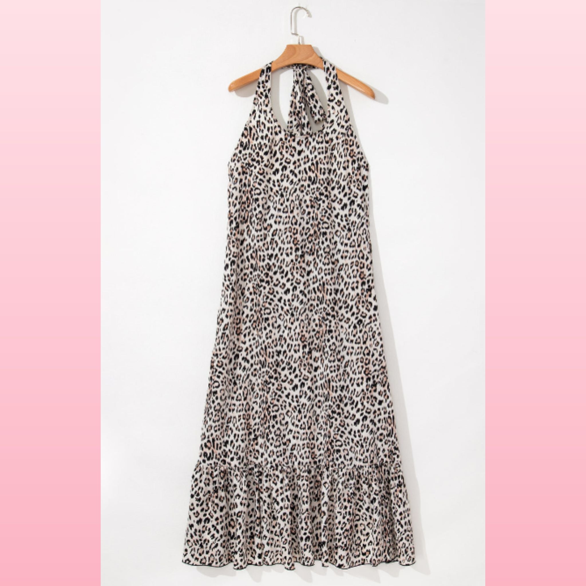 Leopard Print Halter Maxi Dress – Backless with Ruffled Hem | Opulent Vibe