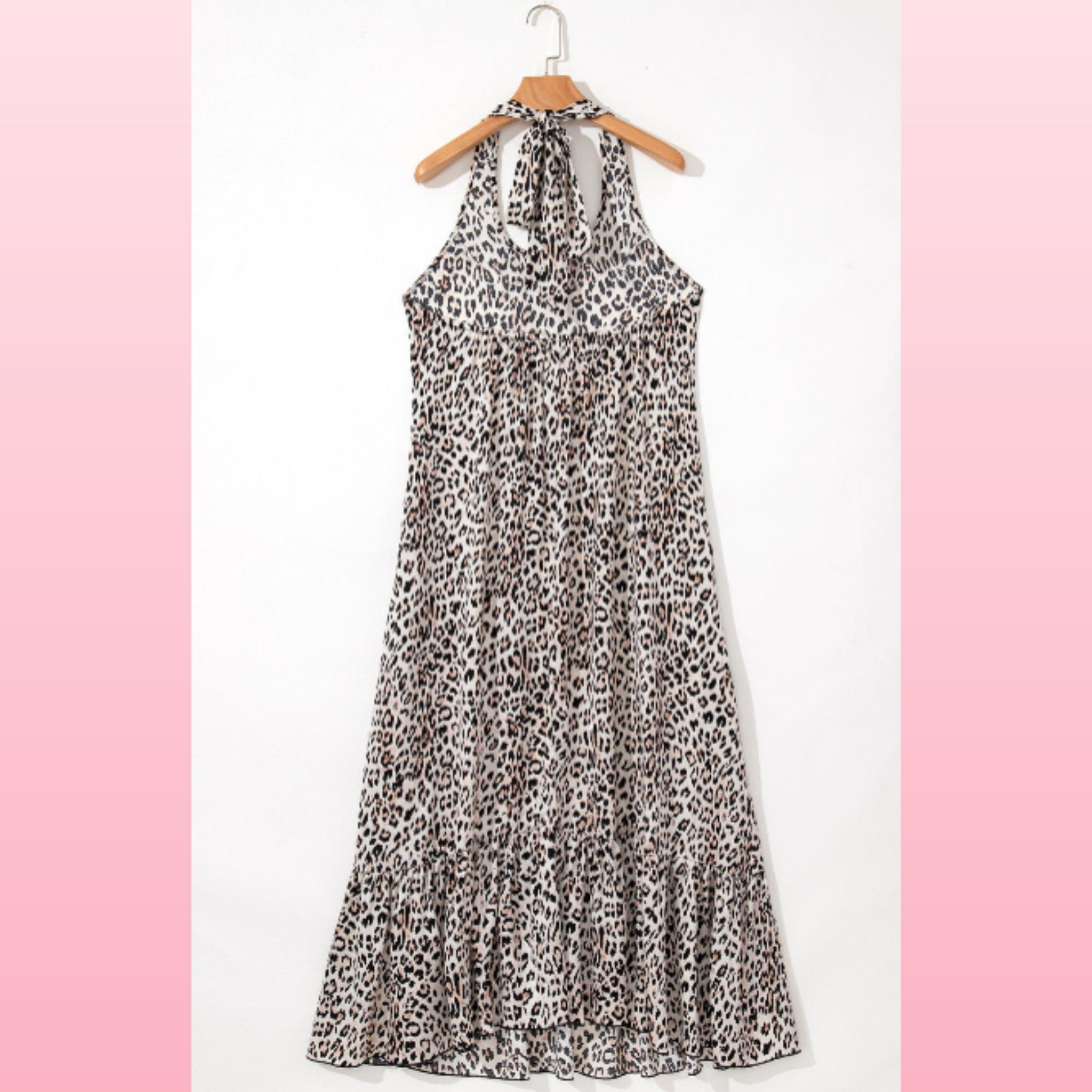 Leopard Print Halter Maxi Dress – Backless with Ruffled Hem | Opulent Vibe